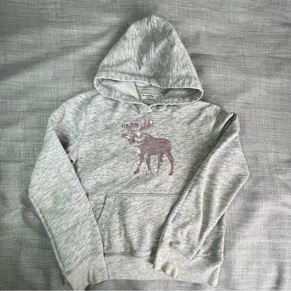 Abercrombie Kids Hoodie Girls Size 11/12 Grey Sweatshirt Moose Embellishment